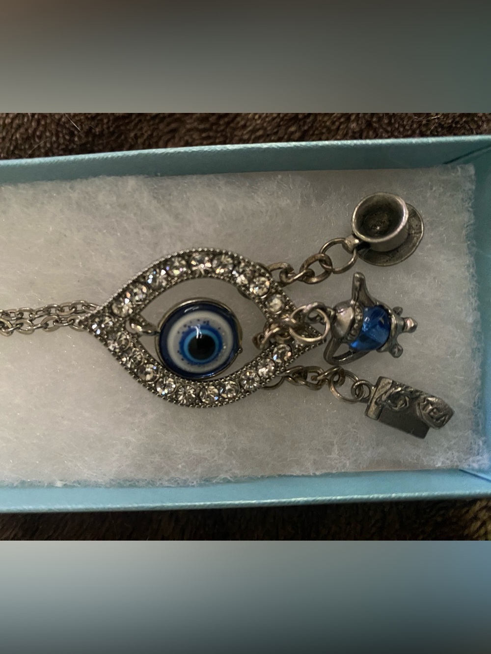 Silver Blue Evil Eye Pendant Necklace with Crystals and charms